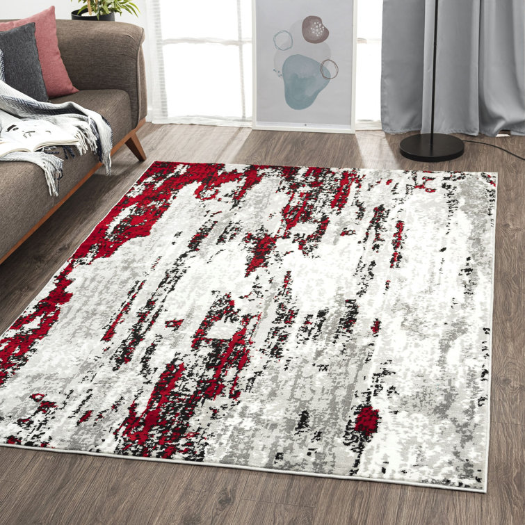 Rectangle Abstract Machine Woven Polypropylene Area Rug in Red/White