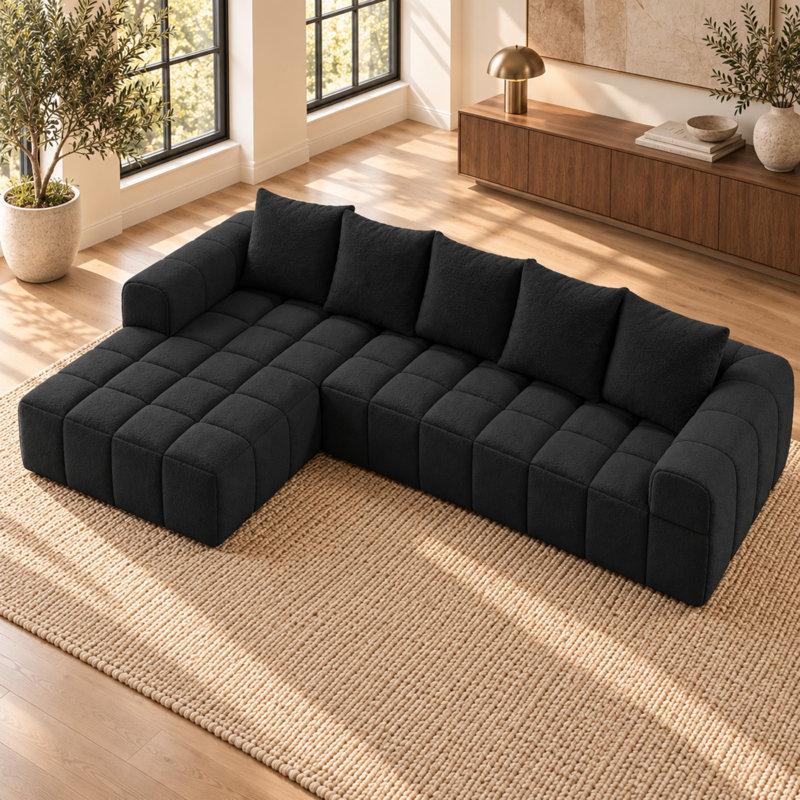 Canapé d'angle en L de 107 pouces avec méridienne profonde, siège capitonné et housses de coussin amovibles, Black