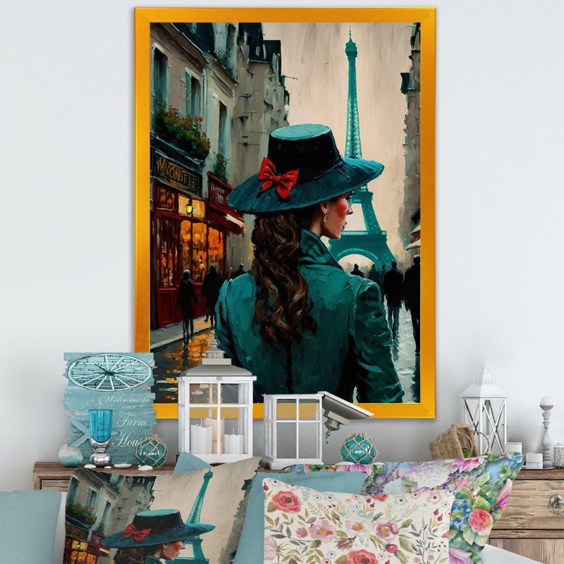 «Young Stylish Lady in Paris», reproduction sur toile, H 20 po x l 12 po x P 1 po, Cadre photo doré