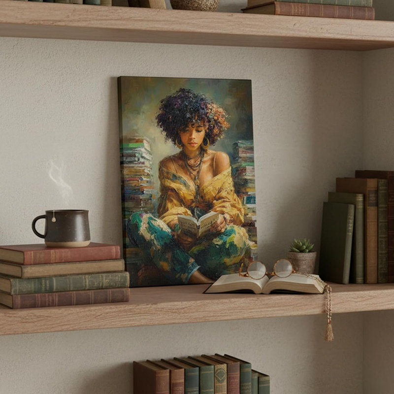 African American Woman Wall Art Girl Reading Canvas Print Modern Abstract Oil Painting Picture Gallery Wrapped Wall Decor For Teen Bedroom Study Reading Nook