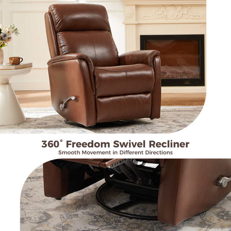 33" Wide Genuine Leather 360° Swivel Rocker Manual Recliner with Wingback and Flared Arms Design