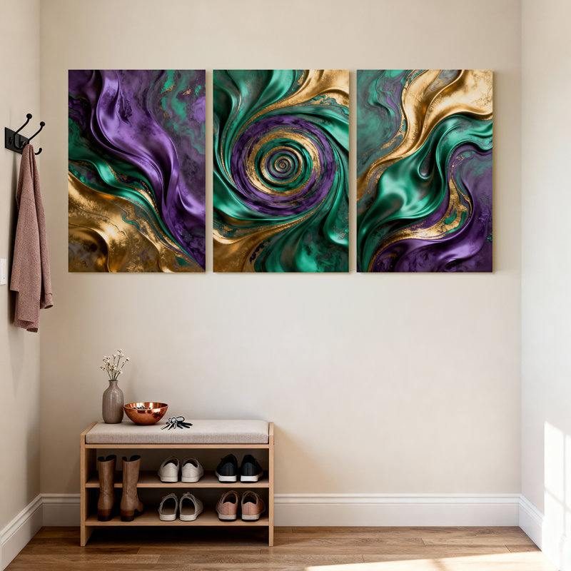 Abstrait, mauve, vert, or, tourbillon d'or, ensemble de 3 reproductions d'art sur toile, H 18 po x l 36 po