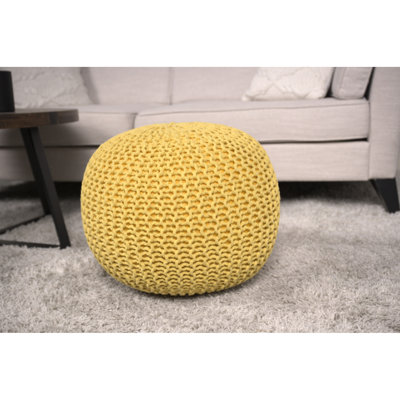 Yellow Knitted Cotton Round Pouf, Style - & Floor Pad Stool, 200Lbs Weight Limit, Decorative Accessory, Spot Clean Only, Filled With Beads, 19.97" X 13.09 Pattern Stool Cushion, 200Lb Bearing,