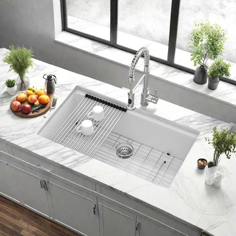 Évier de cuisine encastré en quartz blanc de 81 cm (32 po), cuve unique en composite de granit, avec planche à découper, égouttoir enroulable, panier-filtre et grille de fond, profondeur de 22,7 cm (8,94 po), pour meuble de 89 cm (35 po).
