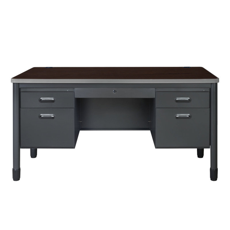 Pasqual Steel Double Pedestal Teacher's Office Desk With Center Drawer 60" X 30" - Neo Walnut, Brown/Gray