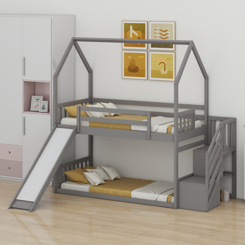 Lit superposé avec glissière convertible House, escalier de rangement pouvant être placé à gauche ou à droite, Gris