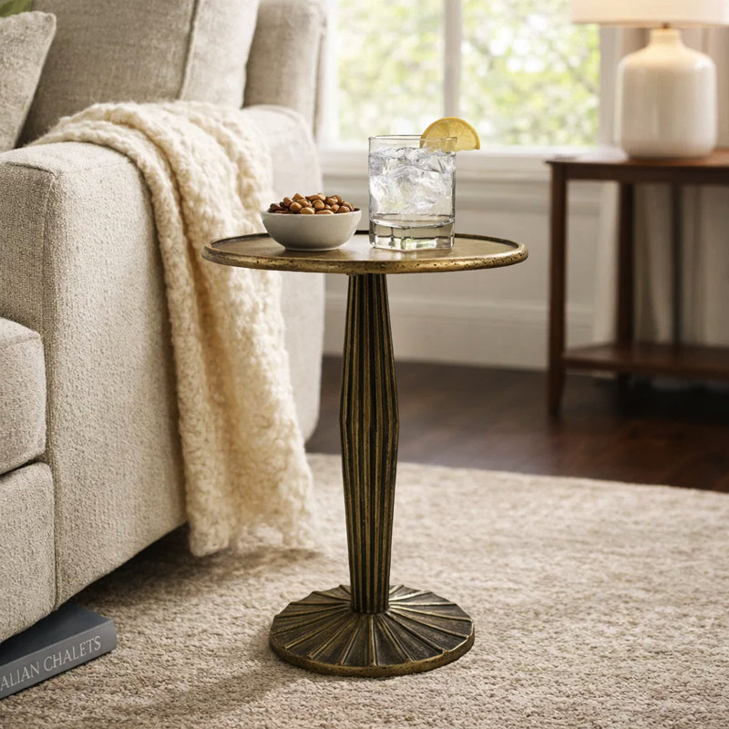 Amett 17 Inch Side End Drink Table, Fancy Fluted Base, Round Top, Antique Brass