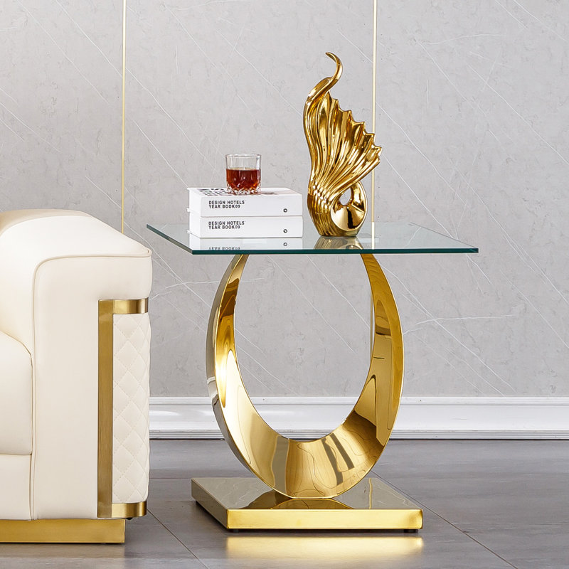 Luxury Square End Table, 22.8" Sofa Side Table with Moon-Shape Stainless Steel Frame and Clear Glass Top, Cocktail Tea Table, Modern Glass End Table for Home Office