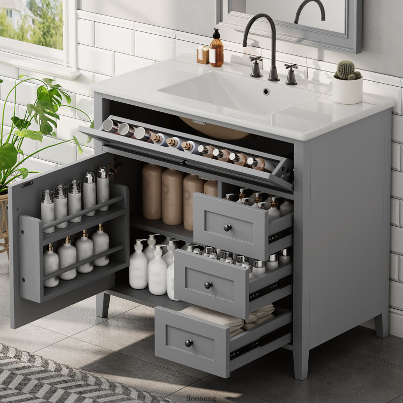 Meuble-lavabo autoportant 36 po avec comptoir d'évier, panneau de fibres à densité moyenne et bois d'hévéa avec 3 tiroirs et tablette réglable, conception à charnière gauche, gris