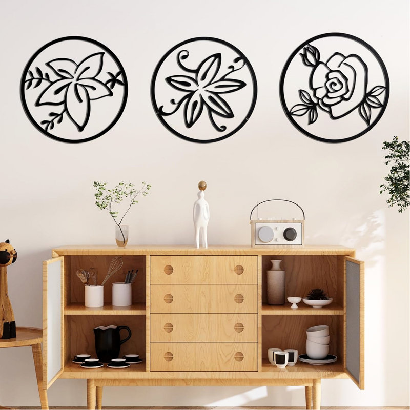 Trois pièces de décoration murale avec cadre floral rond en métal noir, fabriqué à partir de métal de qualité, effet visuel 3D par découpe, épaisseur de 0,08 pouce pour la résistance à la déformation, pré