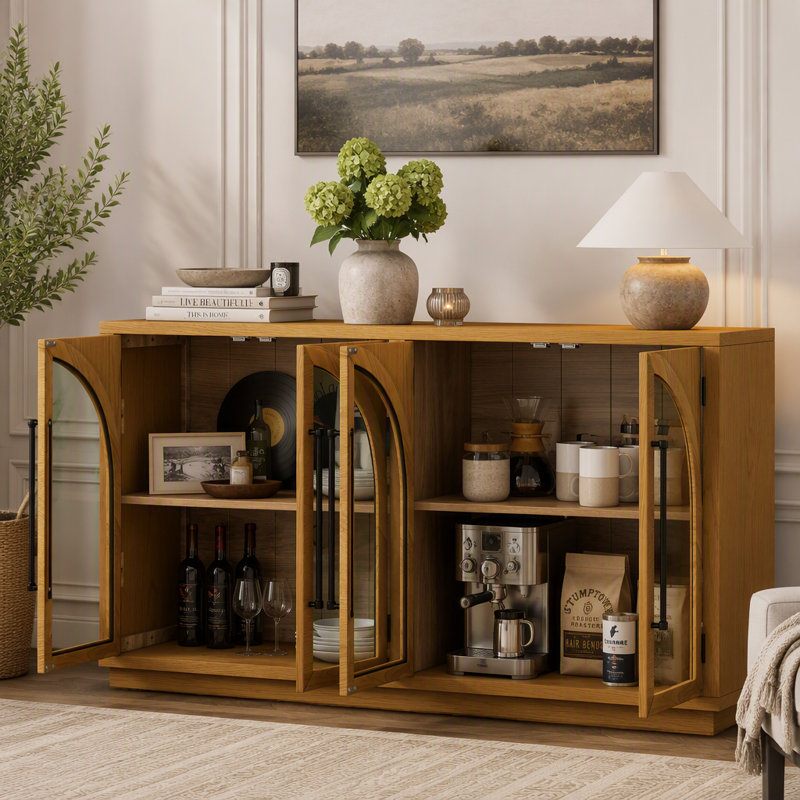  Buffet 4 portes en verre arqué, armoire de rangement en bois rétro avec tablettes réglables et trous pour câbles pour la cuisine, la salle à manger et le salon
