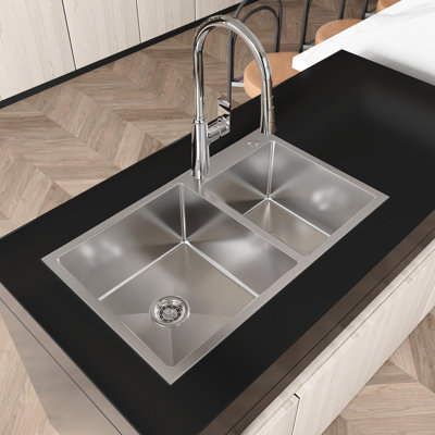 Évier de cuisine 32 po x 19 po x 10 po en acier inoxydable satiné, pour installation en surface - installation à double cuve, acier S304, style moderne, facile à nettoyer