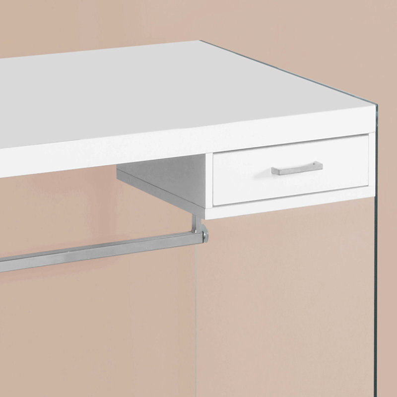 Bureau d'ordinateur, bureau personnel, ordinateur portable, tiroirs de rangement, L 48 po, bureau, stratifié blanc brillant, verre trempé transparent, contemporain, moderne