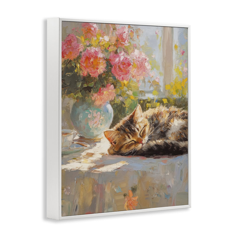 Chaton endormi et vase à fleurs, estampe numérique, design par Nini Art, H 20 po x l 16 po