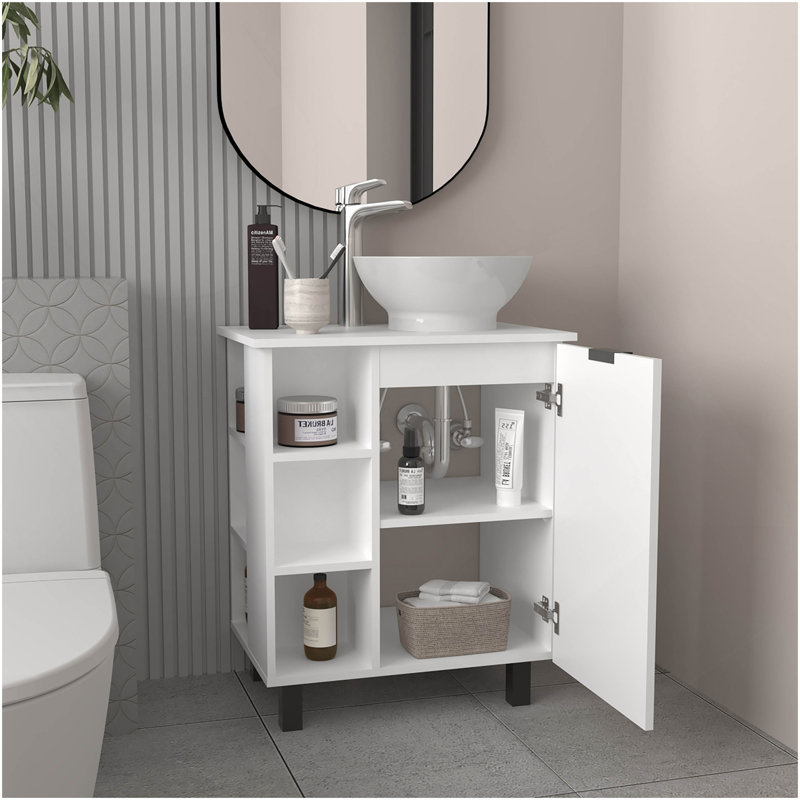 Meuble-lavabo à vasque flottante Allegra, portes doubles et tablette de rangement, blanc, Blanc