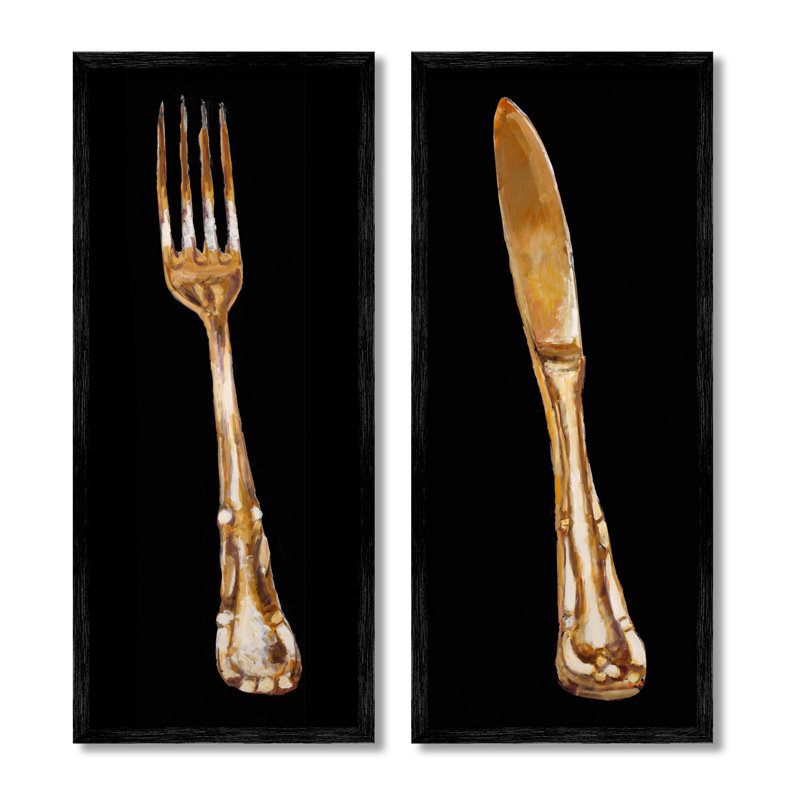 Portraits de cuisine rétro avec couteaux fourchette Patina par Adolf Llovea, L 13 po x H 30 po, Giclée encadrée noir minuit