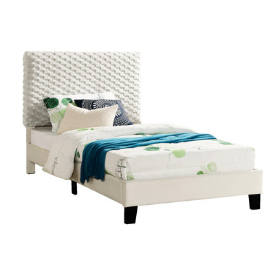 White Color Twin 3D Upholstered Bed - Foam-Filled Headboard For Luxury Stable Structure In Soft Covering Modern Bedroom Furniture