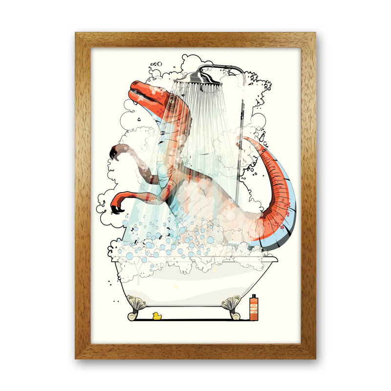 Velociraptor Bathroom - Print, Oak Framed, 30cm H x 21cm W x 3cm D