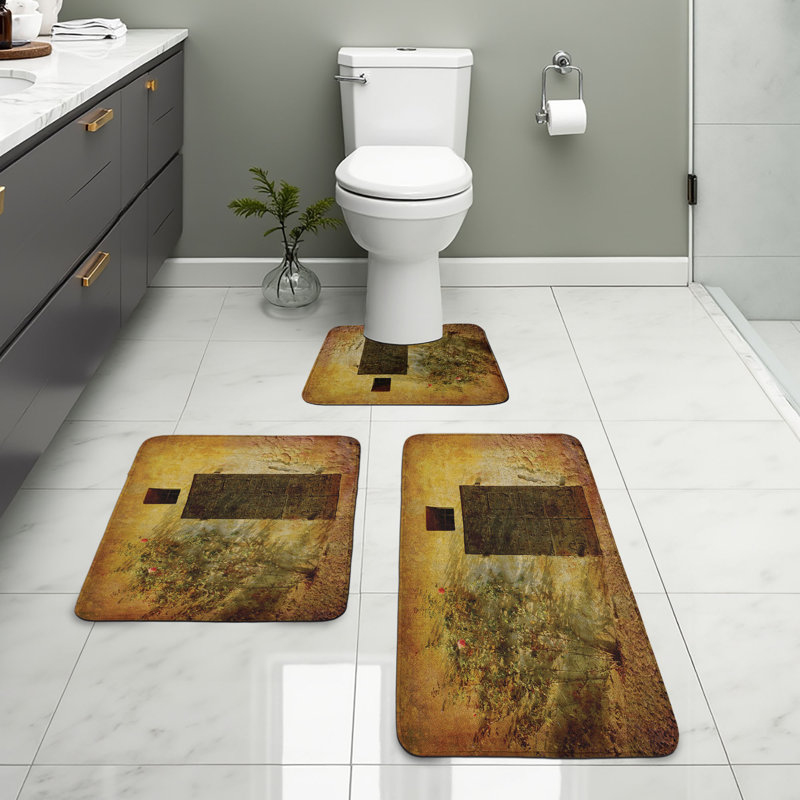  Ensemble de tapis de salle de bain rustique 3 pièces en U et tapis rectangulaires brun ambré