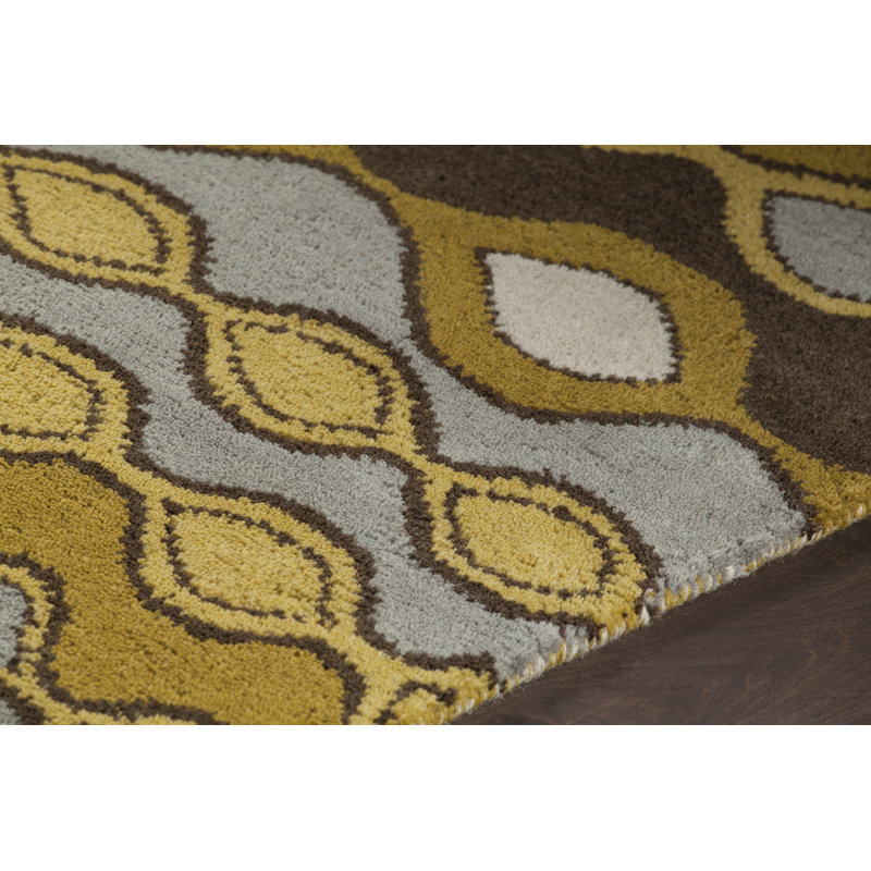 Tapis géométrique en laine touffeté à la main doré jaune brun Gagan, Rectangle 5 pi x 7 pi, Doré / jaune