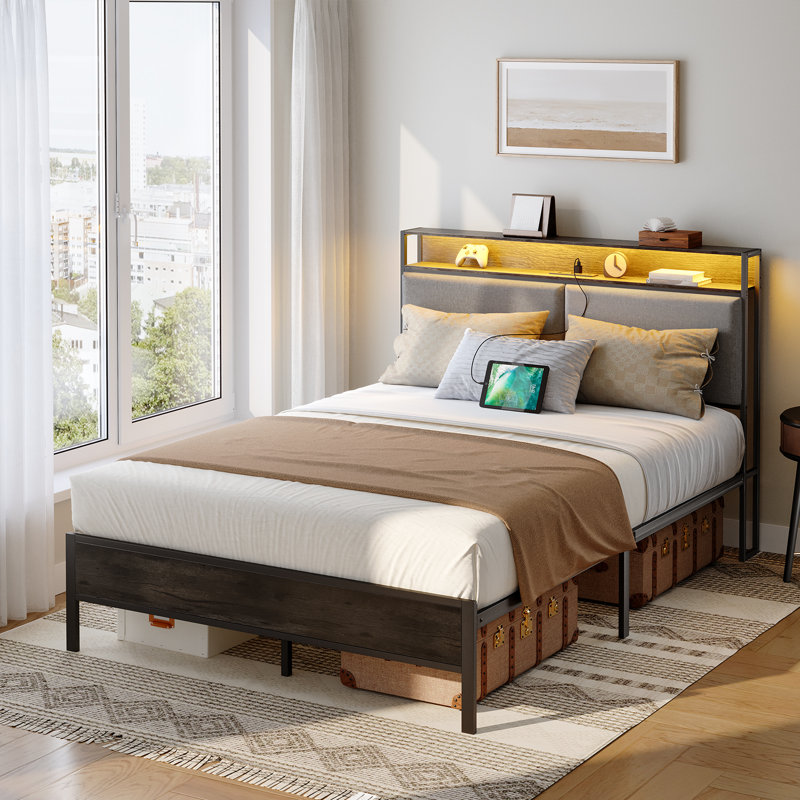 Jeffory 43.1"H Upholstered Bed Frame with Headboard and Charging Station, Gray, Full