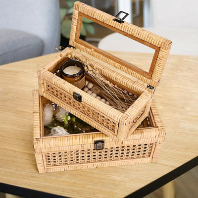 Boîte décorative en rotin avec couvercle, tissé rectangulaire avec verre