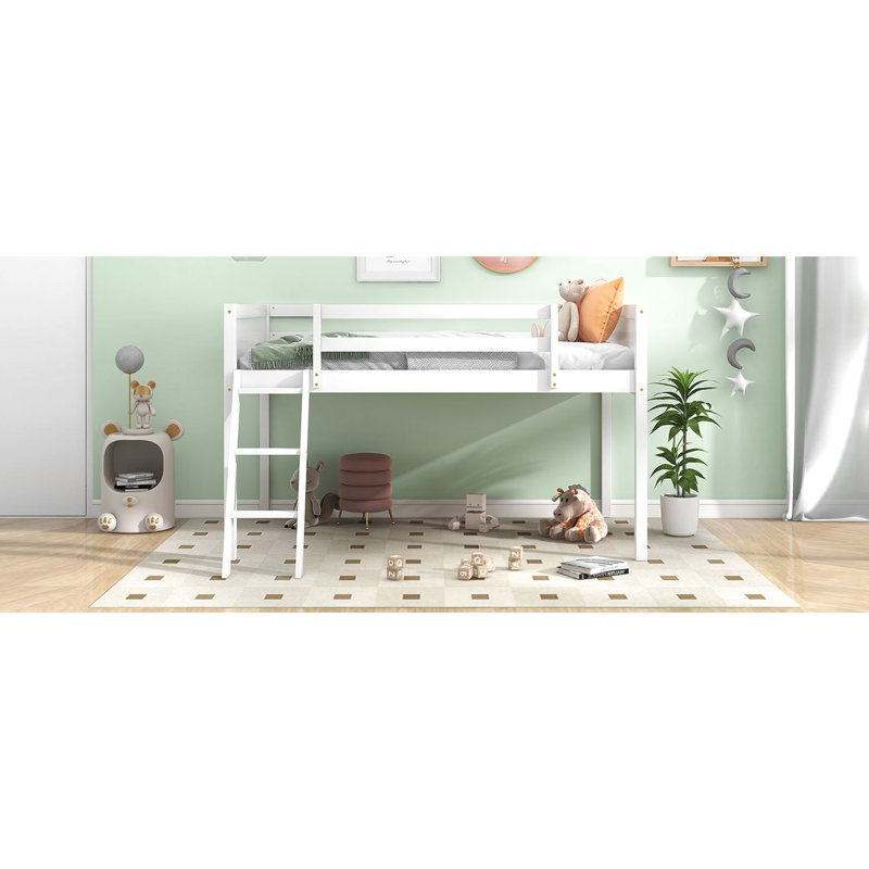Lit mezzanine simple avec installation en bois et finition en bois blanc, Lit simple, Blanc