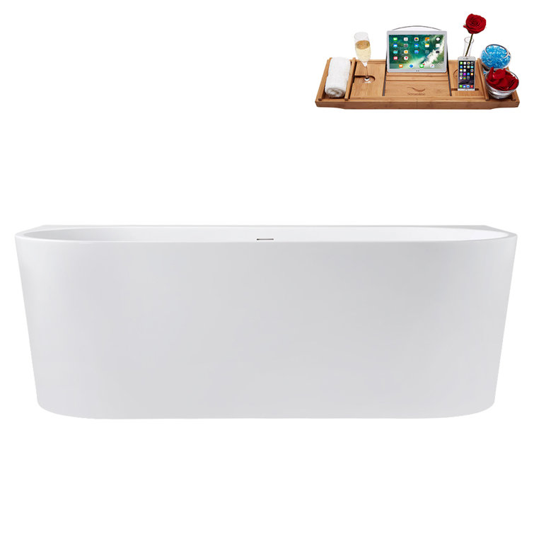 67" Streamline Soaking Glossy White Freestanding Tub and Tray With Internal Drain