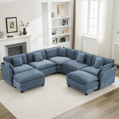 Chenille Upholstered Sectional Sofa Couch with Ottomans