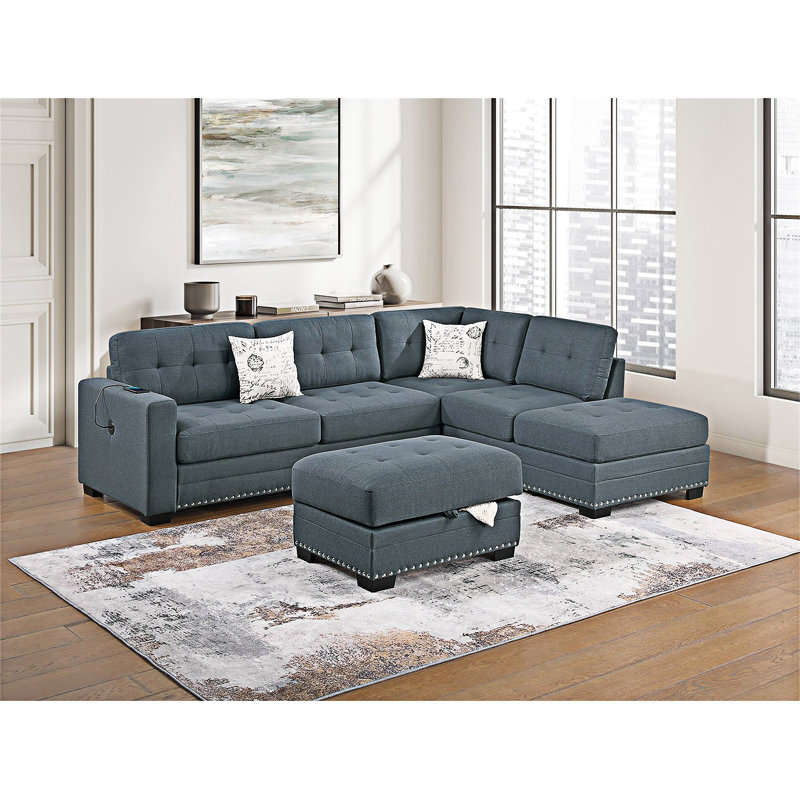 Canapé modulaire rembourré en L avec repose-pieds, Gris foncé