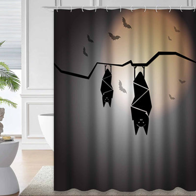 Halloween Night Sleep Bats Black Shower Curtain with 12 Hooks