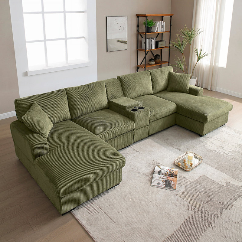 U Shaped Cloud Couch Sectional Sofa for Living Room, Oversized Comfy Cloud Sofa with Console, Green