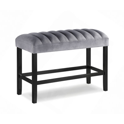 1Pc Gray Black Counter Height Bench Dining Room Velvet Fabric Upholstery Kitchen Dining Wooden Furniture