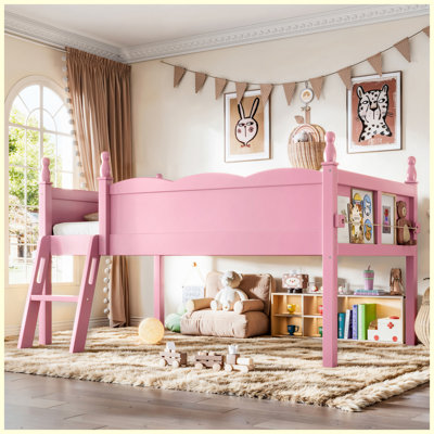 Loft Bed Full Size Solid Wood with Safety Guardrails & Ladder Pink for Bedroom Living Room