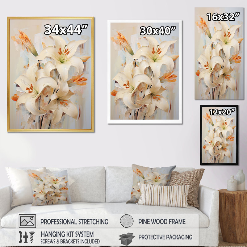 «Beige lys en fleurs» sur toile, Cadre flottant doré, H 32 po x l 24 po x P 1 po