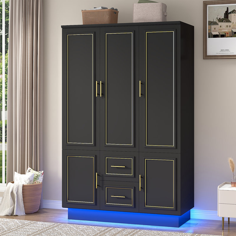 Armoire-penderie de 75 po de hauteur avec 3 portes, 2 tiroirs et lumières DEL, armoire-penderie moderne avec tablettes et tringle