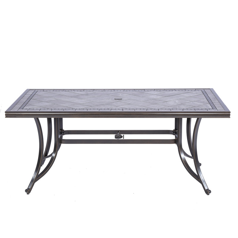 66.2'' W Rectangular Cast Aluminum Outdoor Dining Table with Ceramic Top and 2'' Umbrella Hole