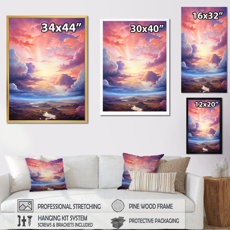 «Kawaii Clouds Landscape I», reproduction sur toile, H 44 po x l 34 po x P 1,5 po, Cadre flottant blanc