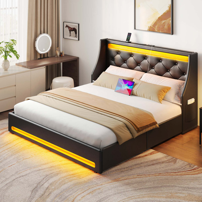 Bed Frame with LED Lights,Upholstered Wingback Storage Bed with Built-in Outlets & 4 Drawers, Black, Queen