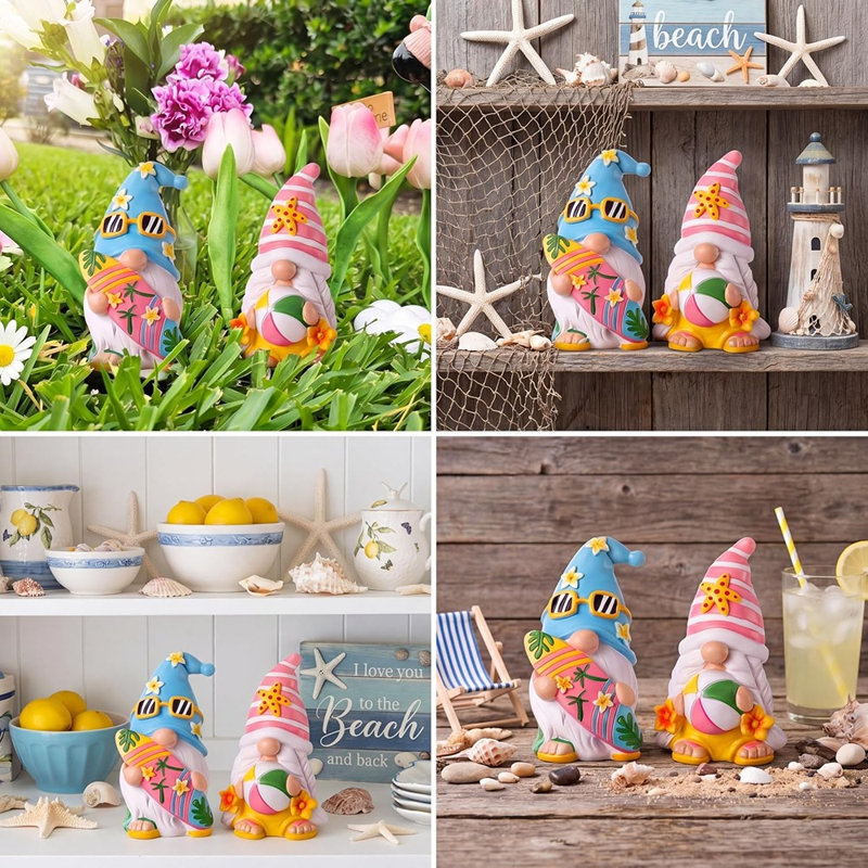 Ensemble de 2 figurines de gnome de plage d'été - Mini gnomes en résine pour la cuisine, la ferme, le bureau et la maison