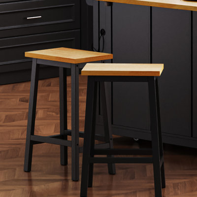 Of 2 Black Solid Wood Dining Room Stools, 25.6" Tall, With Footrests, Theme For Kitchen And Bar 2, Black, Footrest, Space