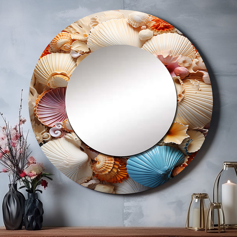 Beach Photo Seashell Collage I - miroir décoratif bord de mer, grand miroir mural rond beige, impression d'art en métal