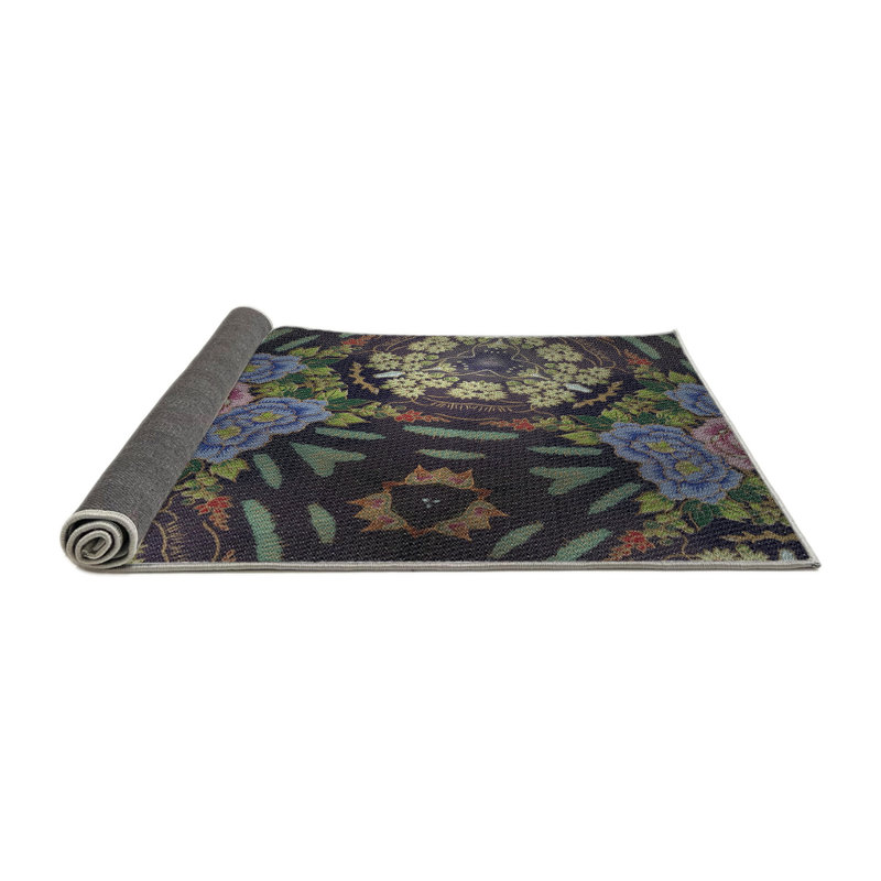 Tapis vert/bleu/gris tissé à la machine, Rond 5 pi