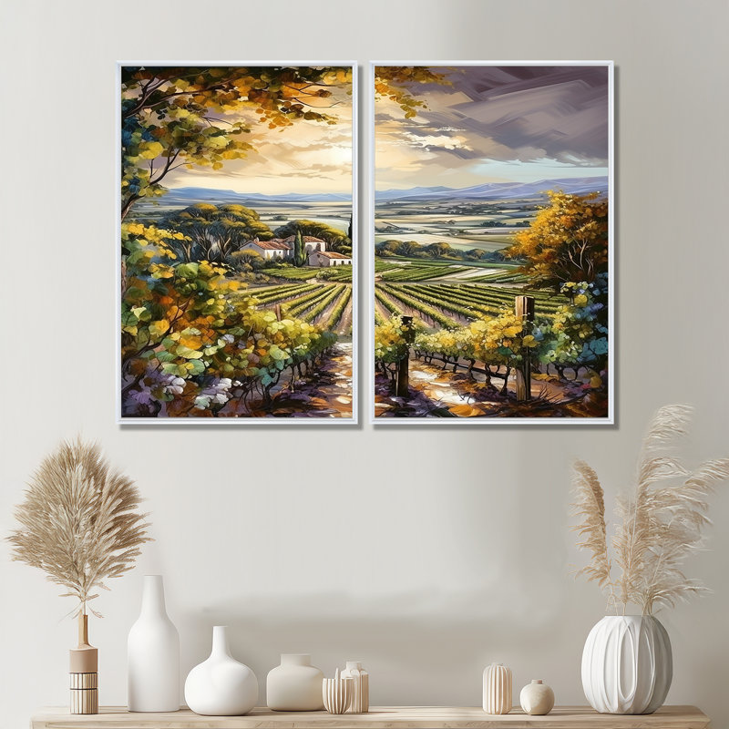«Vineyard Charm Landscape II - Landscape Vineyard», art mural, H 36 po x l 48 po, Impression encadrée flottante, Blanc