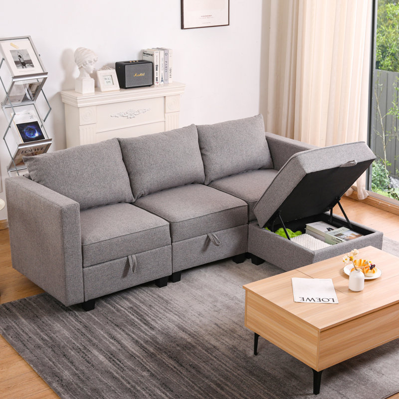 Canapé modulaire en jute de salon moderne en L avec solutions de rangement, gris Dawn