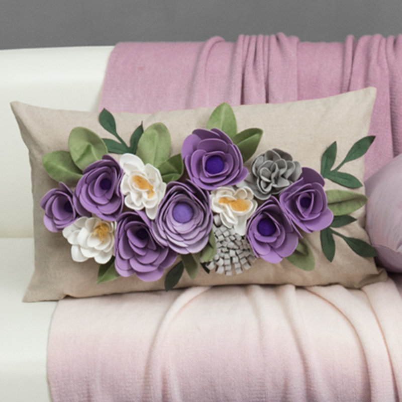  Decorative 3D Flower Throw Pillow Cover Accent Pillowcase 12 x 20 Inch, Purple Floral