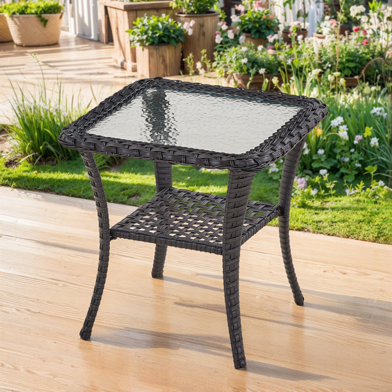 Table d'appoint d'extérieur durable en osier résistant aux rayons UV et en verre trempé Valierius, Noir, noir, noir, noir