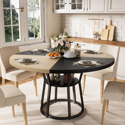 Round Dining Table with Storage, 47" Wood Kitchen & Living Room Table for 4-6, Natural and Black Finish