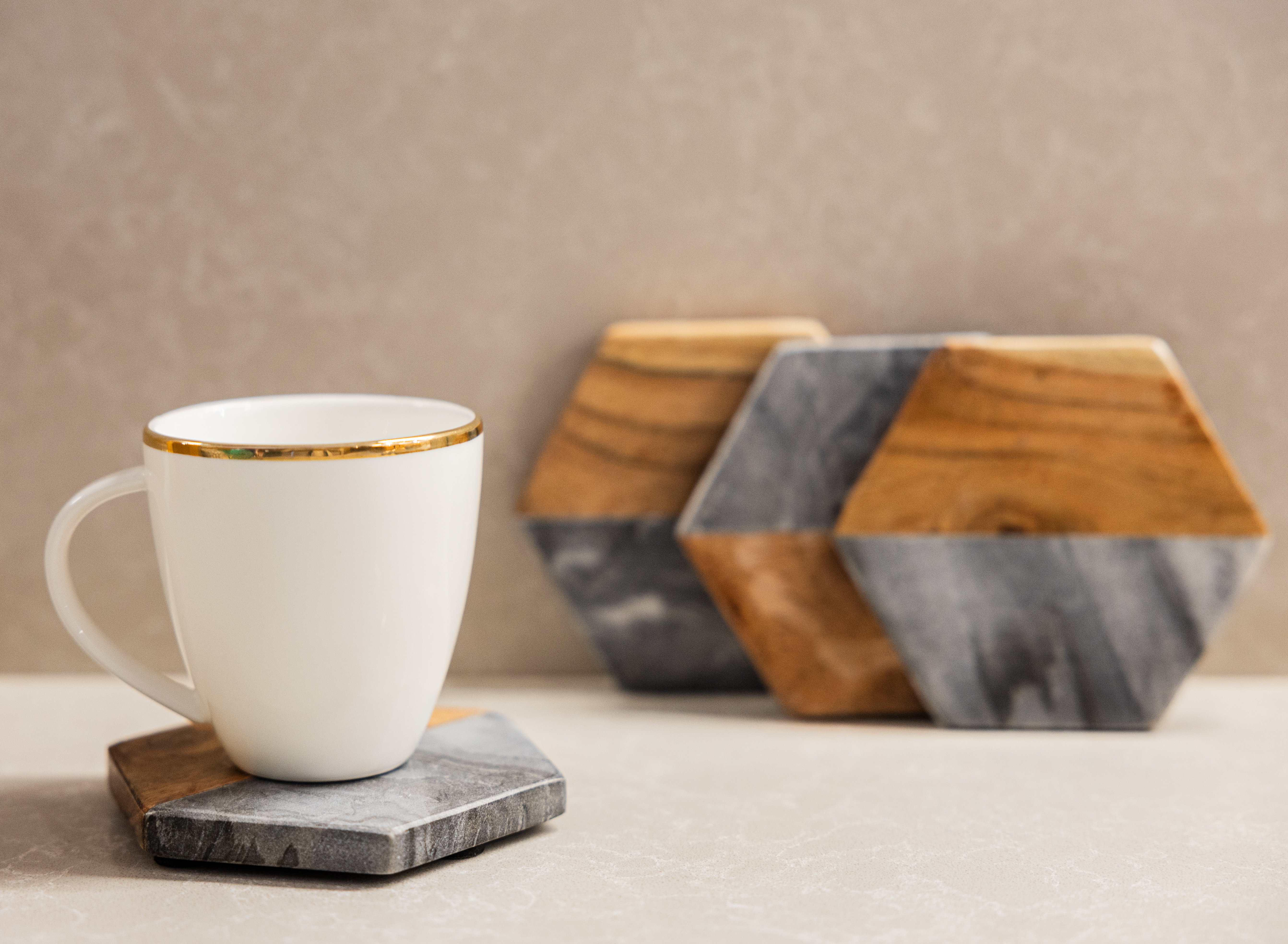 Marble and Wood Hexagon Coaster Set, 4-Piece Non-Slip Drink Coasters