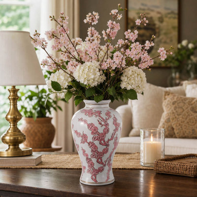 Vase décoratif en céramique pour la cuisine ou la table - Grand vase à fleurs traditionnel pour la maison ou le bureau - Rose et blanc